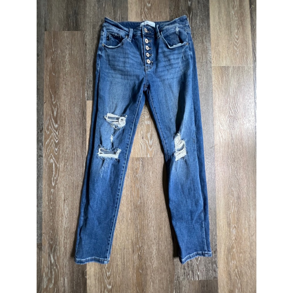 KanCan Skinny Jeans Womens 7/27 Blue Distressed Button Fly High Rise KC5118HHD